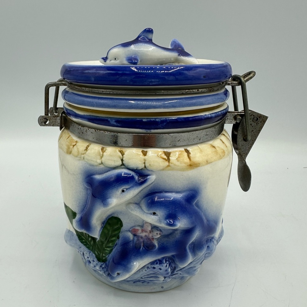 Sap Trading Canister Raised Blue Dolphin Ceramic  6.5 In. Nautical Ocean Decor
